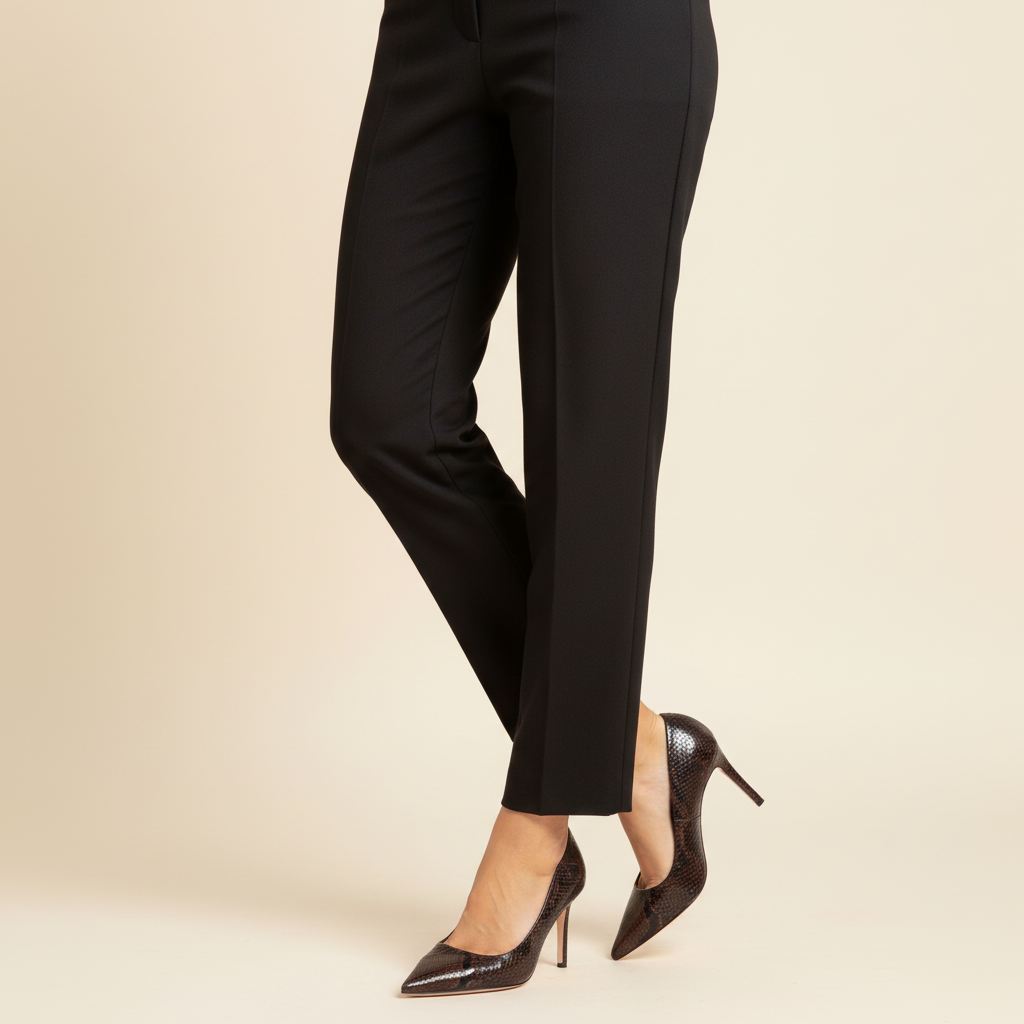 Décolleté Isabella Ferrante in pelle stampa pitone moro con tacco stiletto 70mm indossate con pantaloni neri