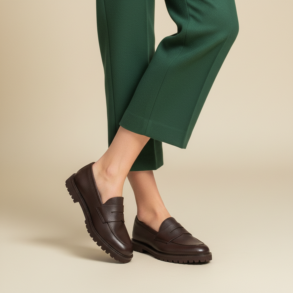 Mocassino Isabella Ferrante in pelle martellata color moro con suola tassellata ultra leggera e punta tonda