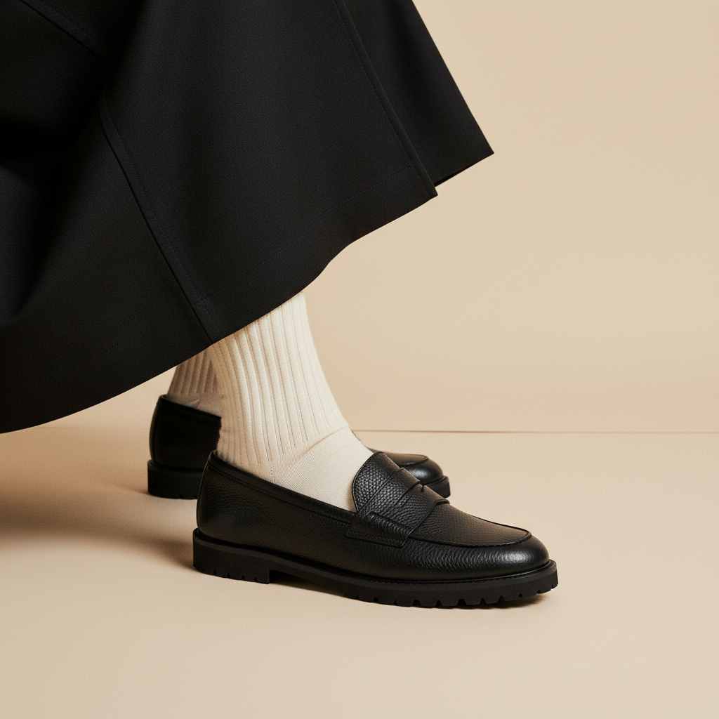 Mocassino Riviera Isabella Ferrante in pelle nera martellata con suola tassellata e calzino bianco