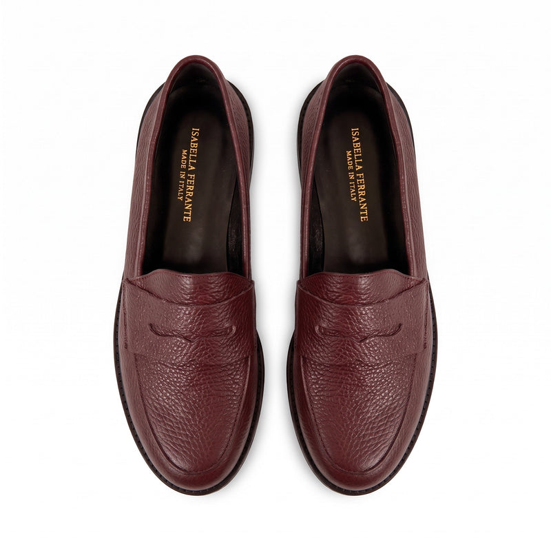 Mocassini Isabella Ferrante Riviera in nappa bottalata bordeaux con suola in gomma ultra leggera e punta tonda
