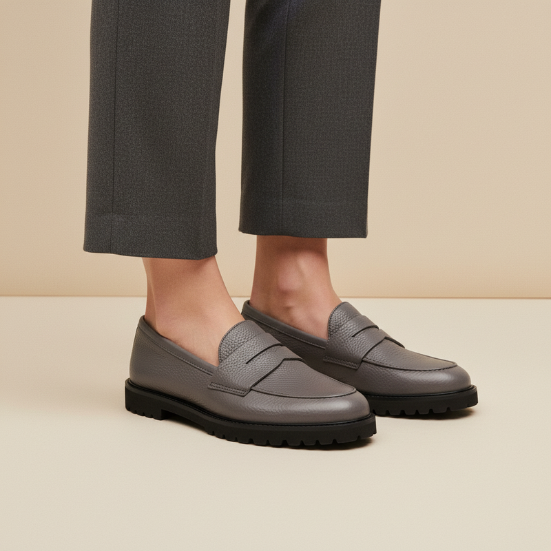Mocassino Isabella Ferrante Riviera in nappa bottalata grigio grafite con suola tassellata ultra leggera