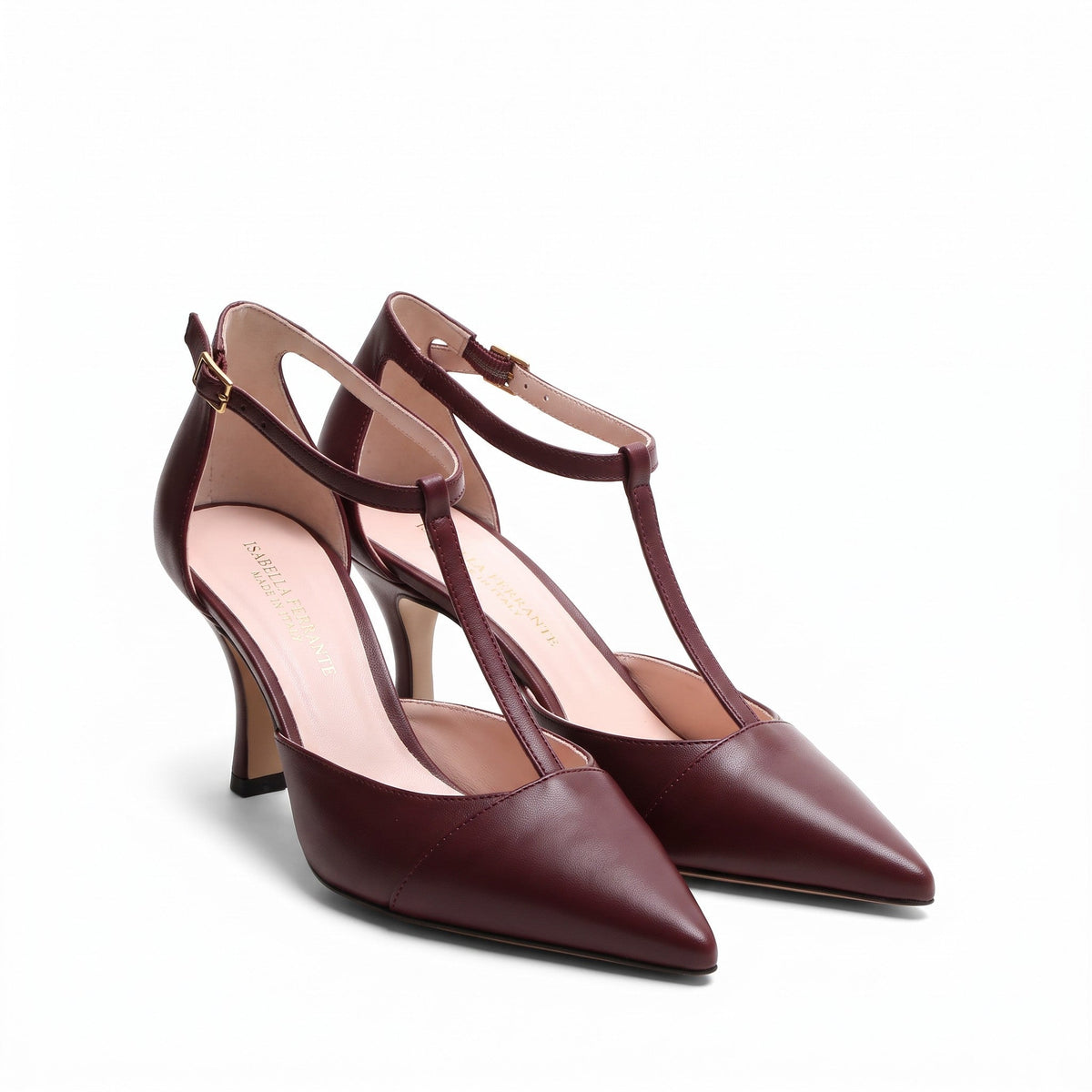 Scarpe Isabella Ferrante modello T-bar in pelle nappa bordeaux con tacco a rocchetto da 70mm e fibbia dorata