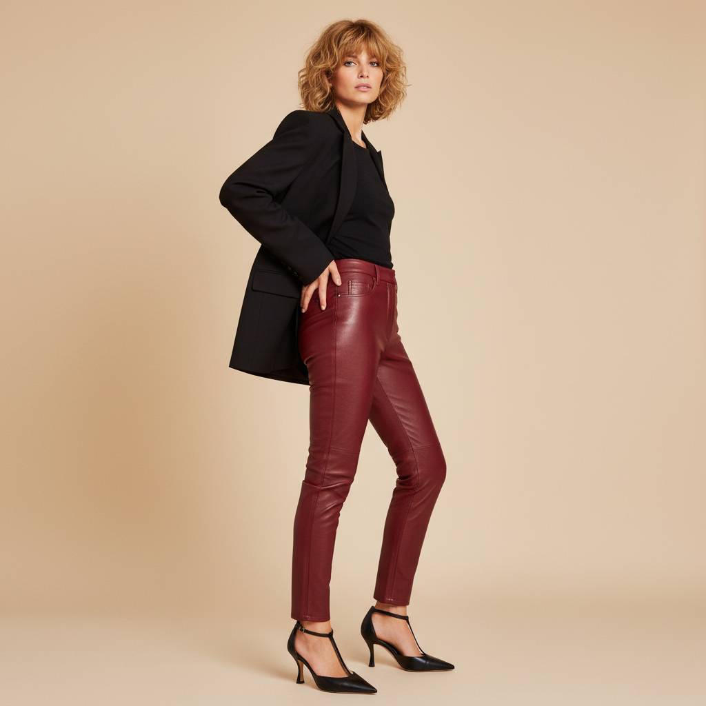 Modella indossa scarpe Isabella Ferrante T-bar Partenope in nappa nera con tacco a rocchetto 70mm e pantaloni bordeaux