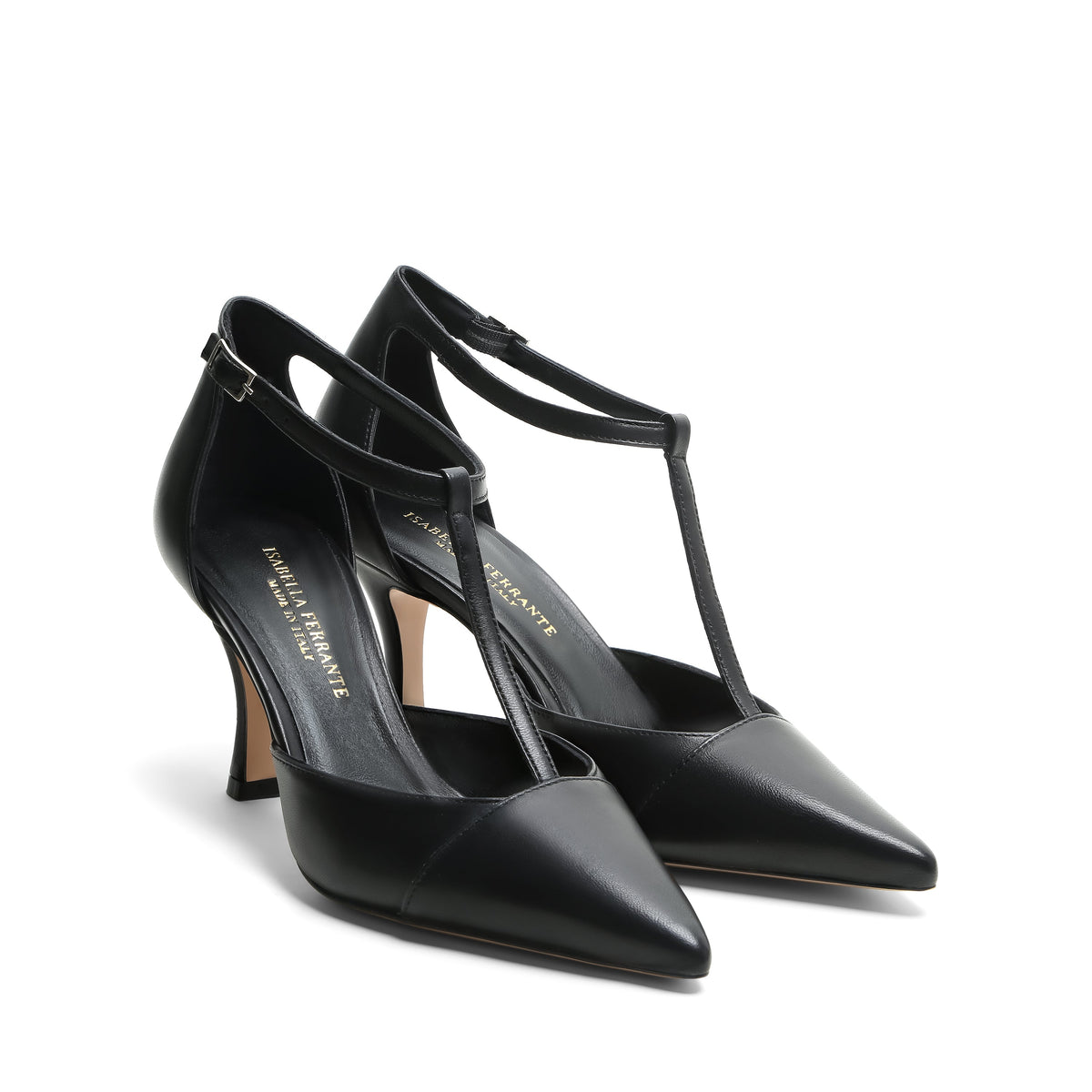 Scarpe T-bar Isabella Ferrante Partenope in nappa nera con tacco a rocchetto 70mm e cinturino verticale elegante