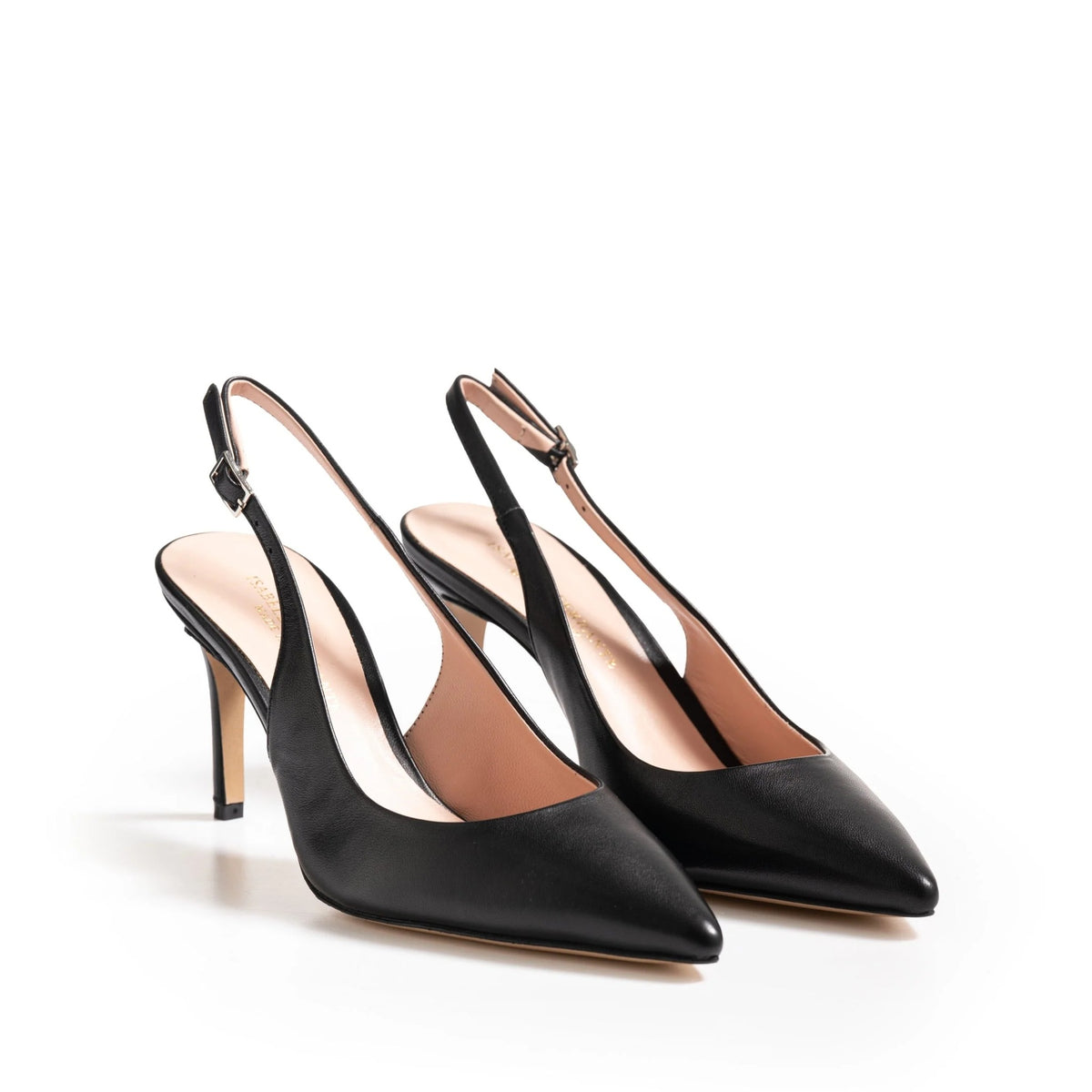 Slingback Isabella Ferrante in nappa nera con tacco stiletto 70mm, punta sfilata e cinturino con fibbia argento