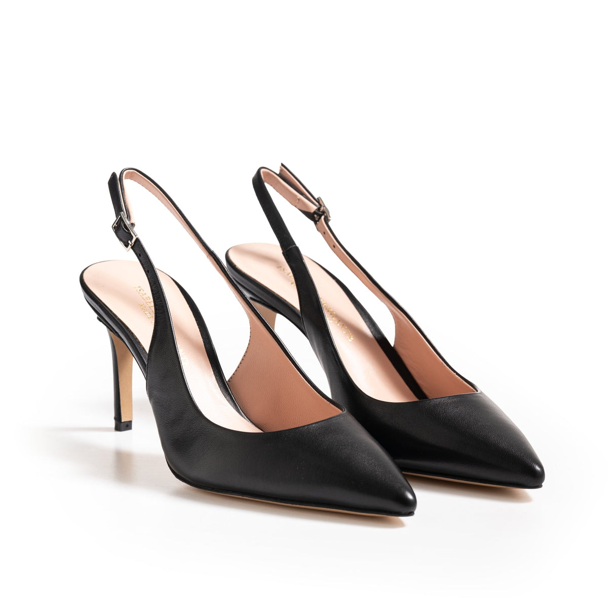Slingback Isabella Ferrante in nappa nera con tacco stiletto 70mm, punta sfilata e cinturino con fibbia argento