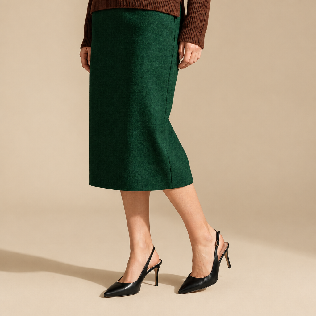 Modella indossa slingback Isabella Ferrante in nappa nera con tacco stiletto 70mm, punta sfilata e gonna verde midi
