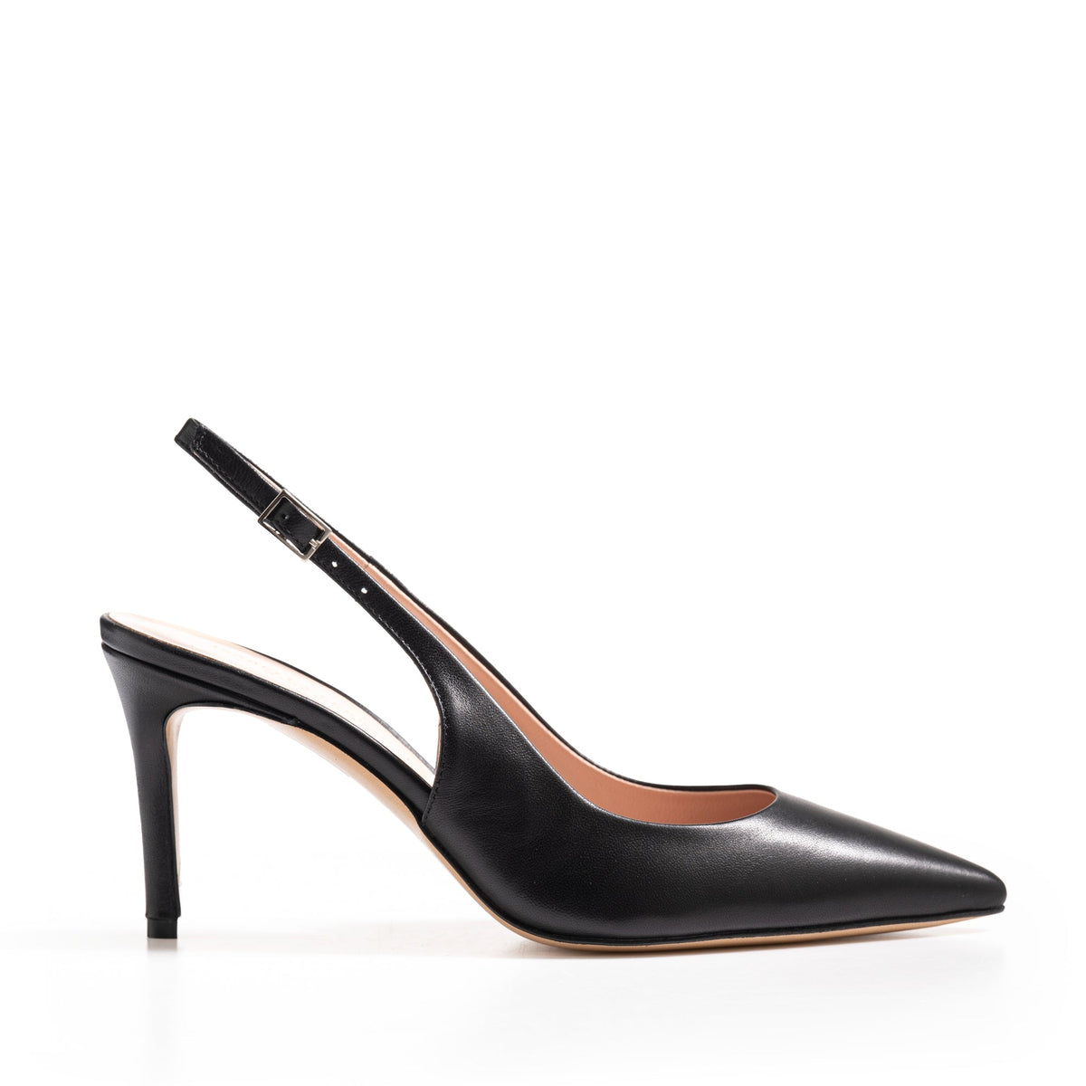 Slingback Isabella Ferrante Posillipo in nappa nera con tacco stiletto 70mm, punta sfilata e fibbia argento