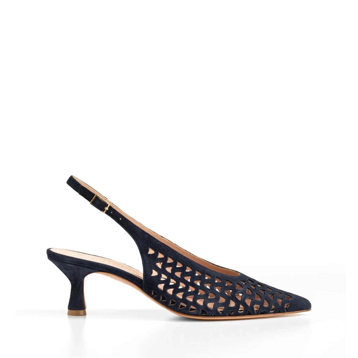 Chanel slingback Isabella Ferrante Posillipo in camoscio traforato abyss con tacco a clessidra da 55 mm e punta sfilata