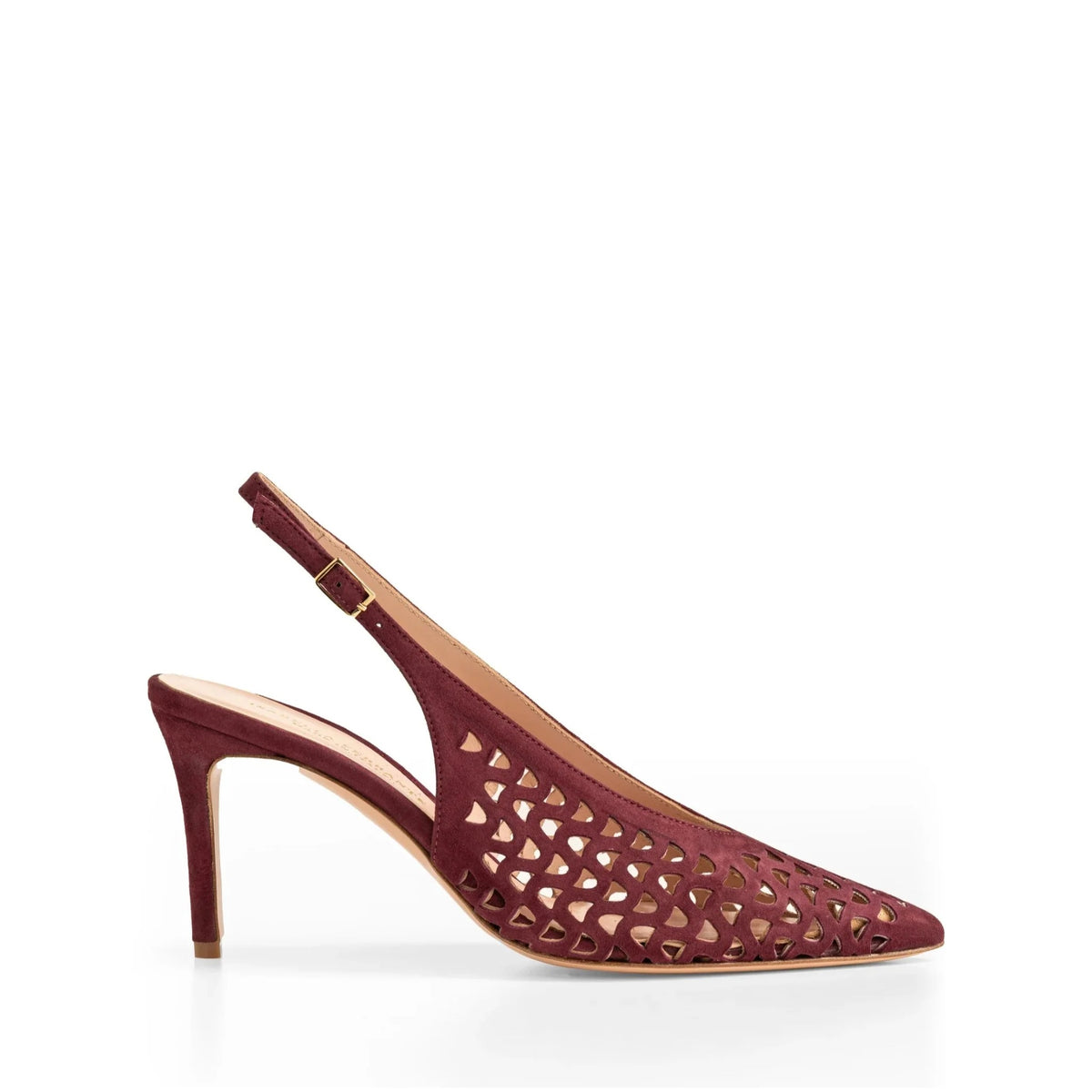 Chanel slingback Isabella Ferrante Posillipo in camoscio traforato bordò con tacco a stiletto da 70 mm e punta sfilata