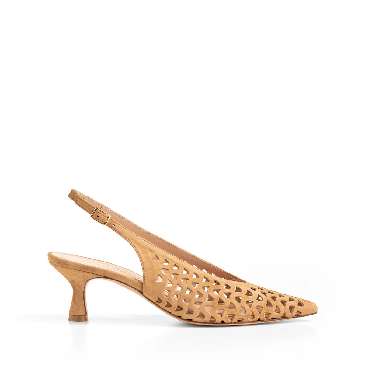 Chanel slingback Isabella Ferrante Posillipo in camoscio traforato legno con tacco a clessidra da 55 mm e punta sfilata