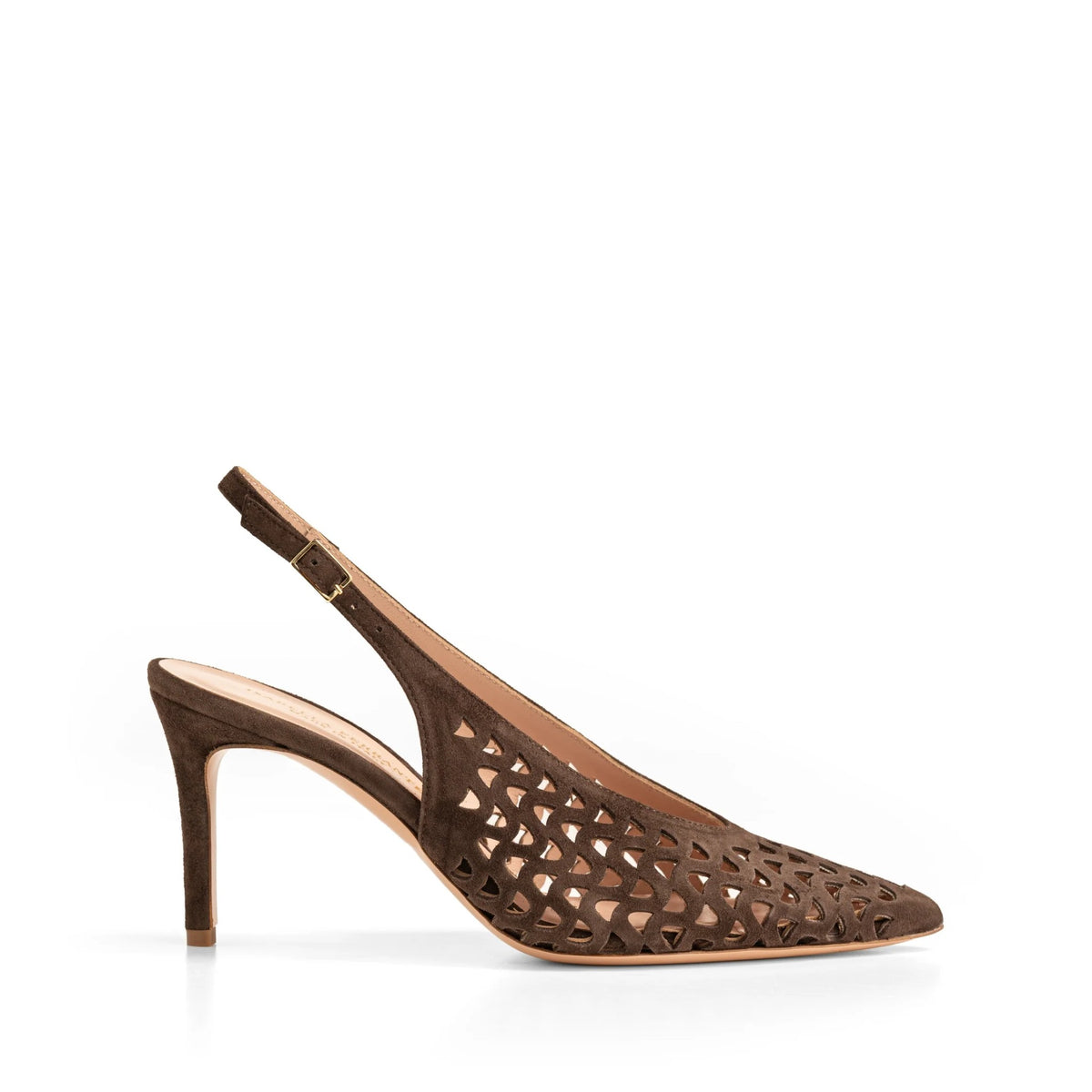 Chanel slingback Isabella Ferrante Posillipo in camoscio traforato moro con tacco a stiletto da 70 mm e punta sfilata