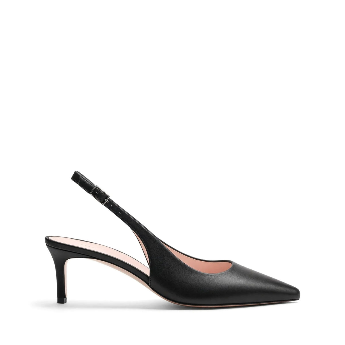 Slingback Isabella Ferrante Posillipo in nappa nera con punta sfilata, tacco a stiletto da 55 mm e cinturino al tallone con fibbia argento