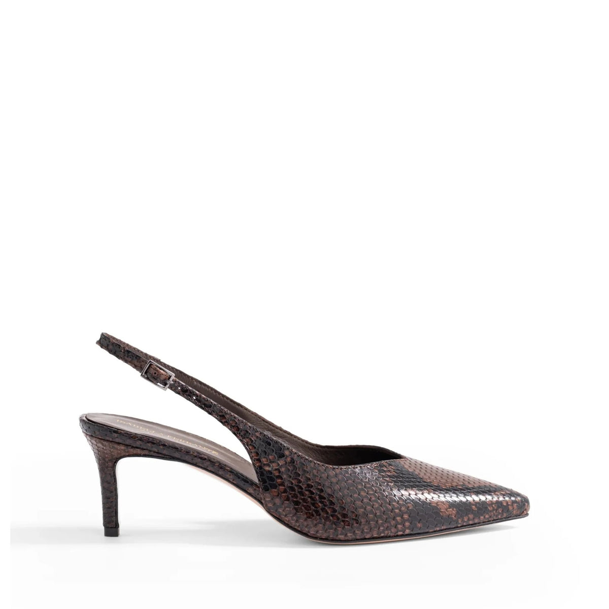Chanel slingback Isabella Ferrante Posillipo in pelle stampa pitone moro con tacco a stiletto da 55 mm e punta sfilata