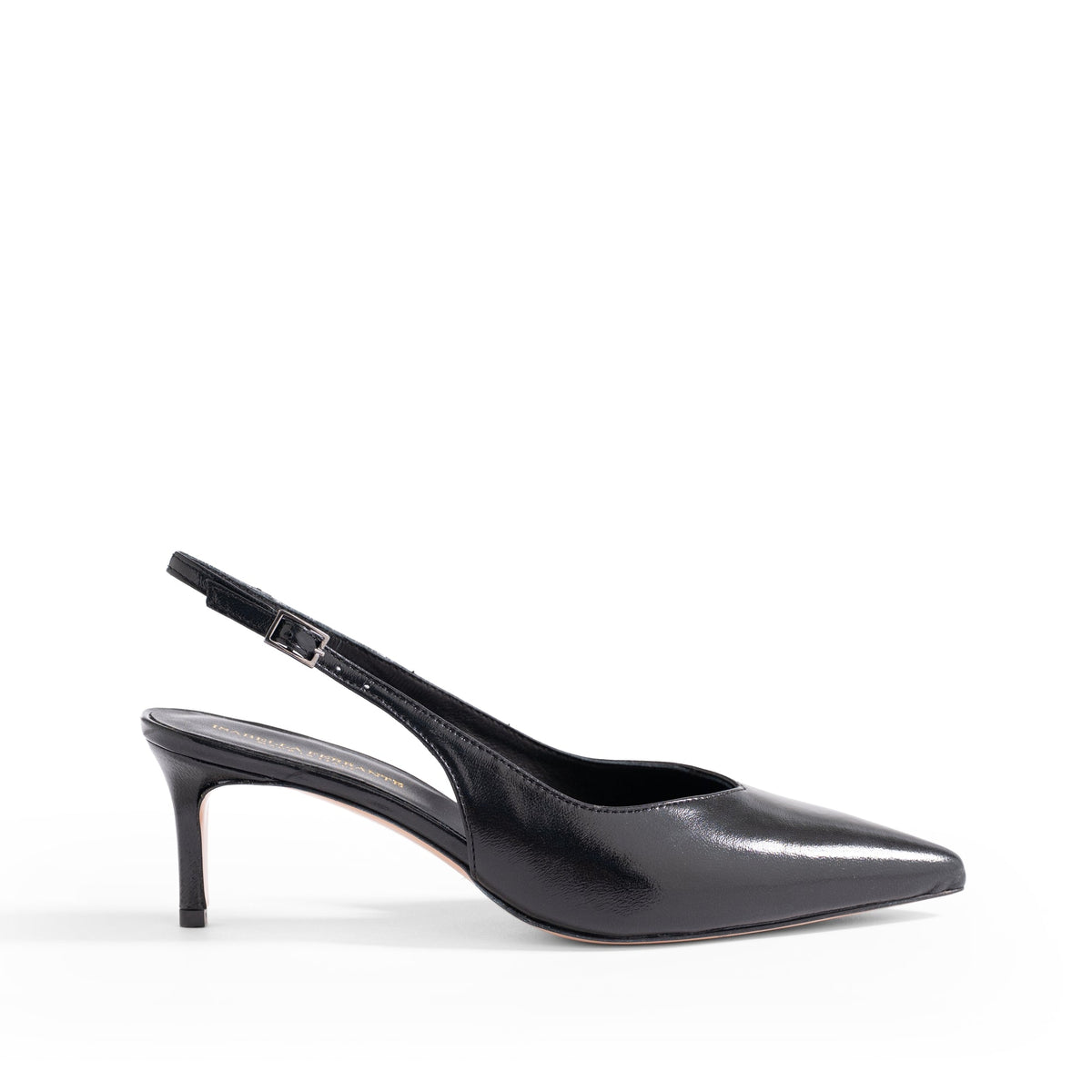 Slingback Isabella Ferrante Posillipo in vernice nera con tacco stiletto 55mm, punta sfilata e cinturino regolabile.