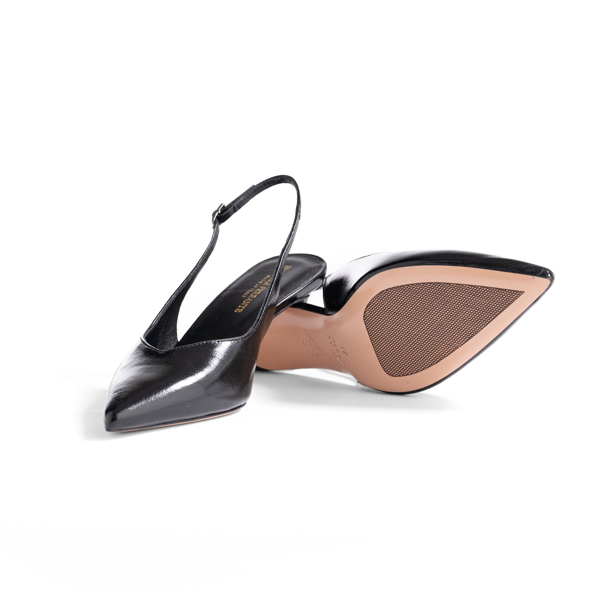 Slingback Isabella Ferrante Posillipo in vernice nera con tacco stiletto 55mm e suola antiscivolo in cuoio toscano