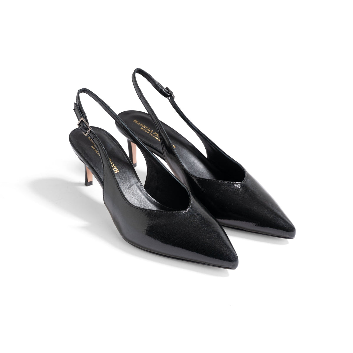 Slingback Isabella Ferrante Posillipo in vernice nera con punta sfilata, tacco stiletto 55mm e cinturino regolabile