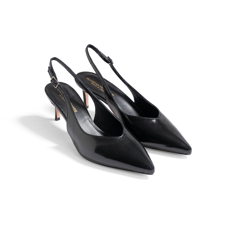 Slingback Isabella Ferrante Posillipo in vernice nera con punta sfilata, tacco stiletto 55mm e cinturino regolabile