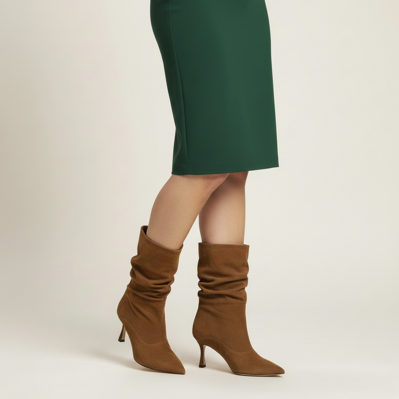 Stivaletti Isabella Ferrante in camoscio color caffè con tacco a stiletto 70mm e design a tubo senza cerniera