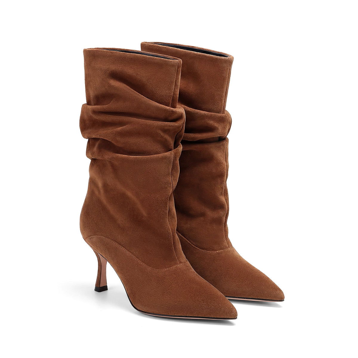 Stivaletto Isabella Ferrante in camoscio color caffè con tacco stiletto 70mm e design a tubo arricciato