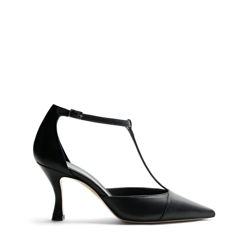 Scarpe T-bar Isabella Ferrante Partenope in pelle nappa nera con tacco a rocchetto da 70mm e cinturino sottile