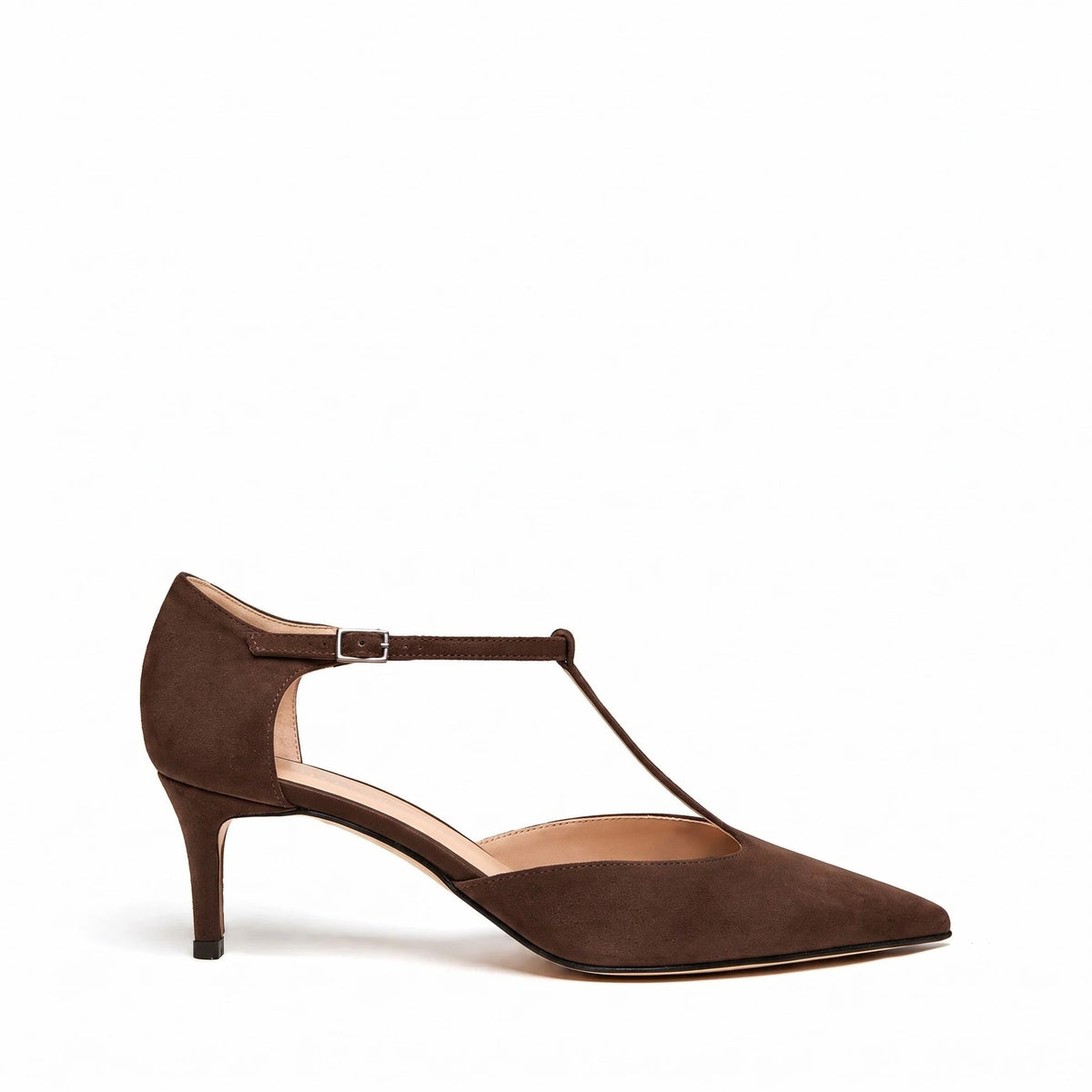 Scarpe T-bar Isabella Ferrante Petraio in camoscio cacao con tacco a stiletto da 50 mm, cinturino sottile e punta sfilata