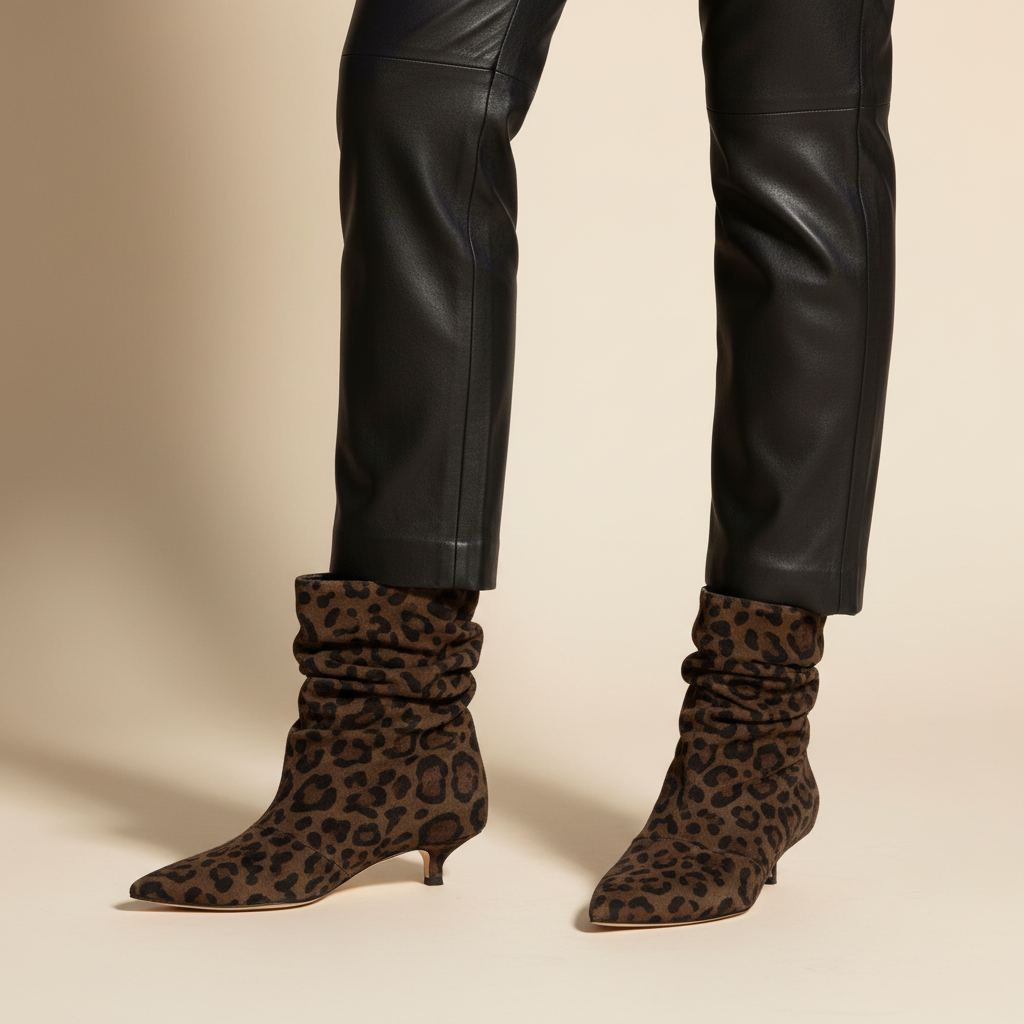 Tronchetto Isabella Ferrante in camoscio stampa animalier Jaguar con tacco stiletto 30mm e punta sfilata