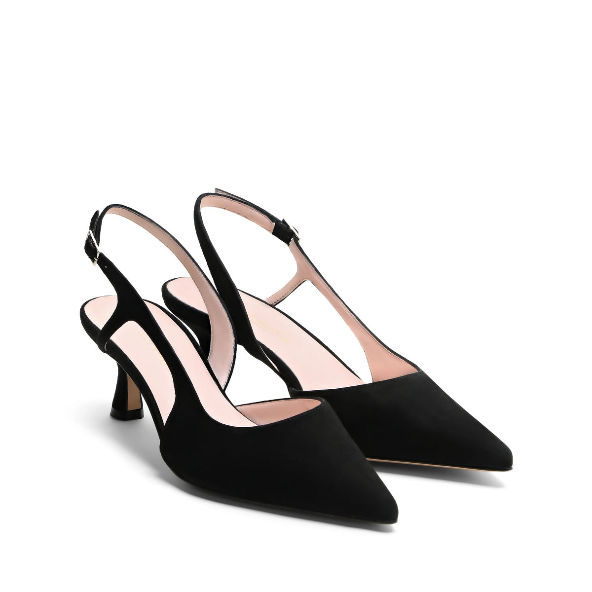 Slingback Posillipo in camoscio nero, dettaglio del cinturino e della fodera rosa, tacco 55 mm